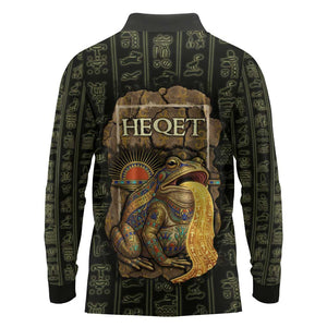 Heqet Ornate Frog Egyptian Long Sleeve Polo Shirt with Hieroglyphic Backdrop in Creation Theme