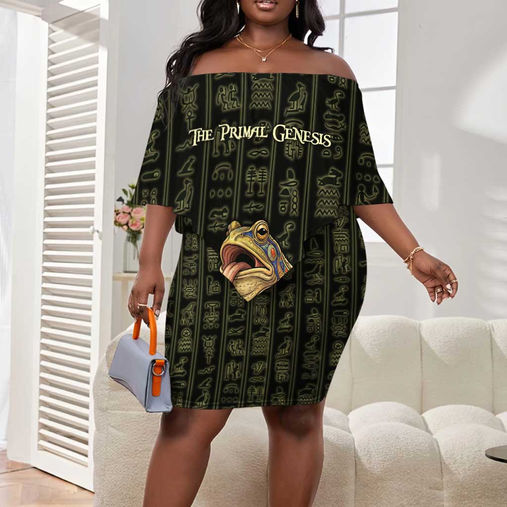 Heqet Ornate Frog Egyptian Off Shoulder Short Dress with Hieroglyphic Backdrop in Creation Theme