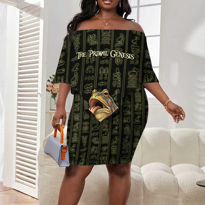 Heqet Ornate Frog Egyptian Off Shoulder Short Dress with Hieroglyphic Backdrop in Creation Theme