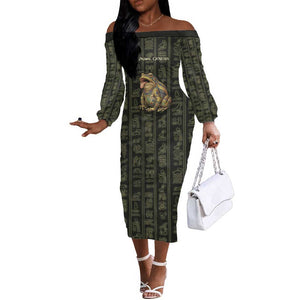 Heqet Ornate Frog Egyptian Off The Shoulder Long Sleeve Dress with Hieroglyphic Backdrop in Creation Theme