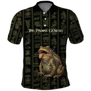 Heqet Ornate Frog Egyptian Polo Shirt with Hieroglyphic Backdrop in Creation Theme