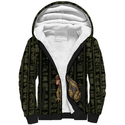Heqet Ornate Frog Egyptian Sherpa Hoodie with Hieroglyphic Backdrop in Creation Theme