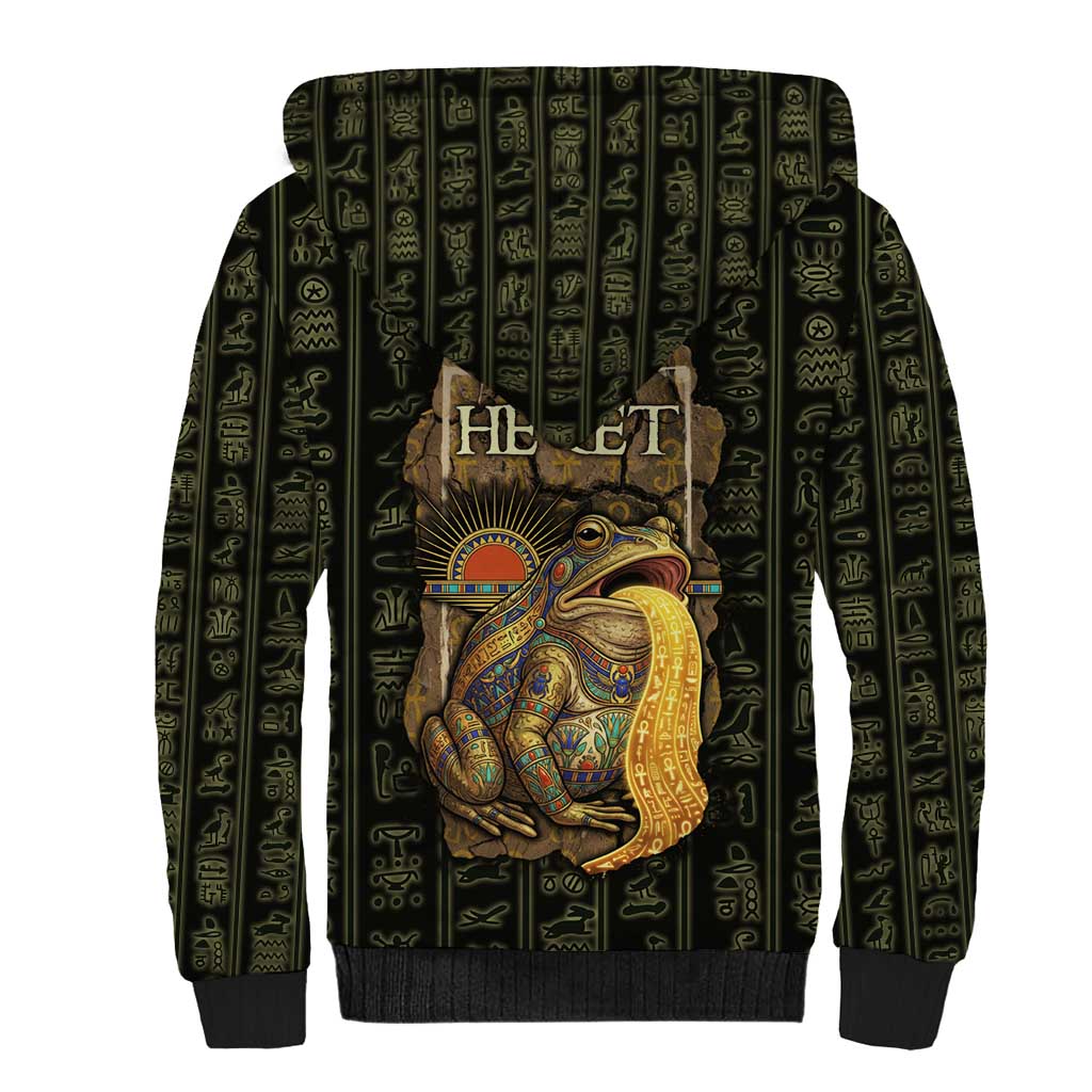 Heqet Ornate Frog Egyptian Sherpa Hoodie with Hieroglyphic Backdrop in Creation Theme