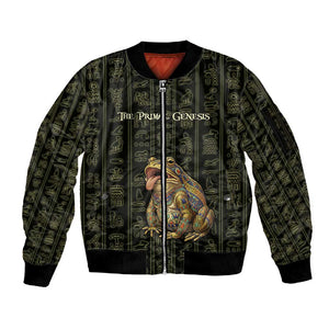 Heqet Ornate Frog Egyptian Sleeve Zip Bomber Jacket with Hieroglyphic Backdrop in Creation Theme