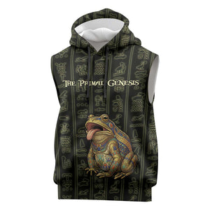 Heqet Ornate Frog Egyptian Sleeveless Hoodie with Hieroglyphic Backdrop in Creation Theme