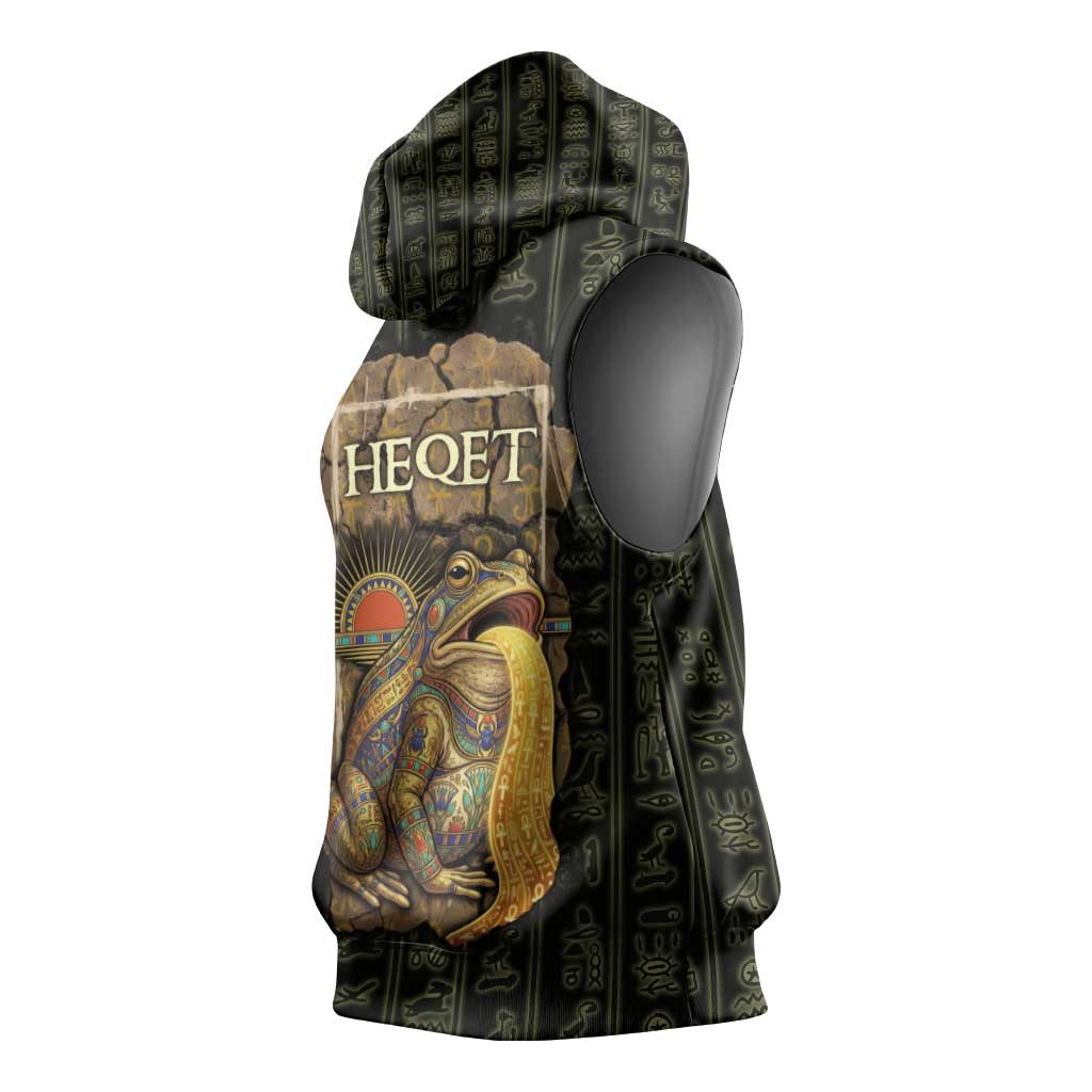 Heqet Ornate Frog Egyptian Sleeveless Hoodie with Hieroglyphic Backdrop in Creation Theme