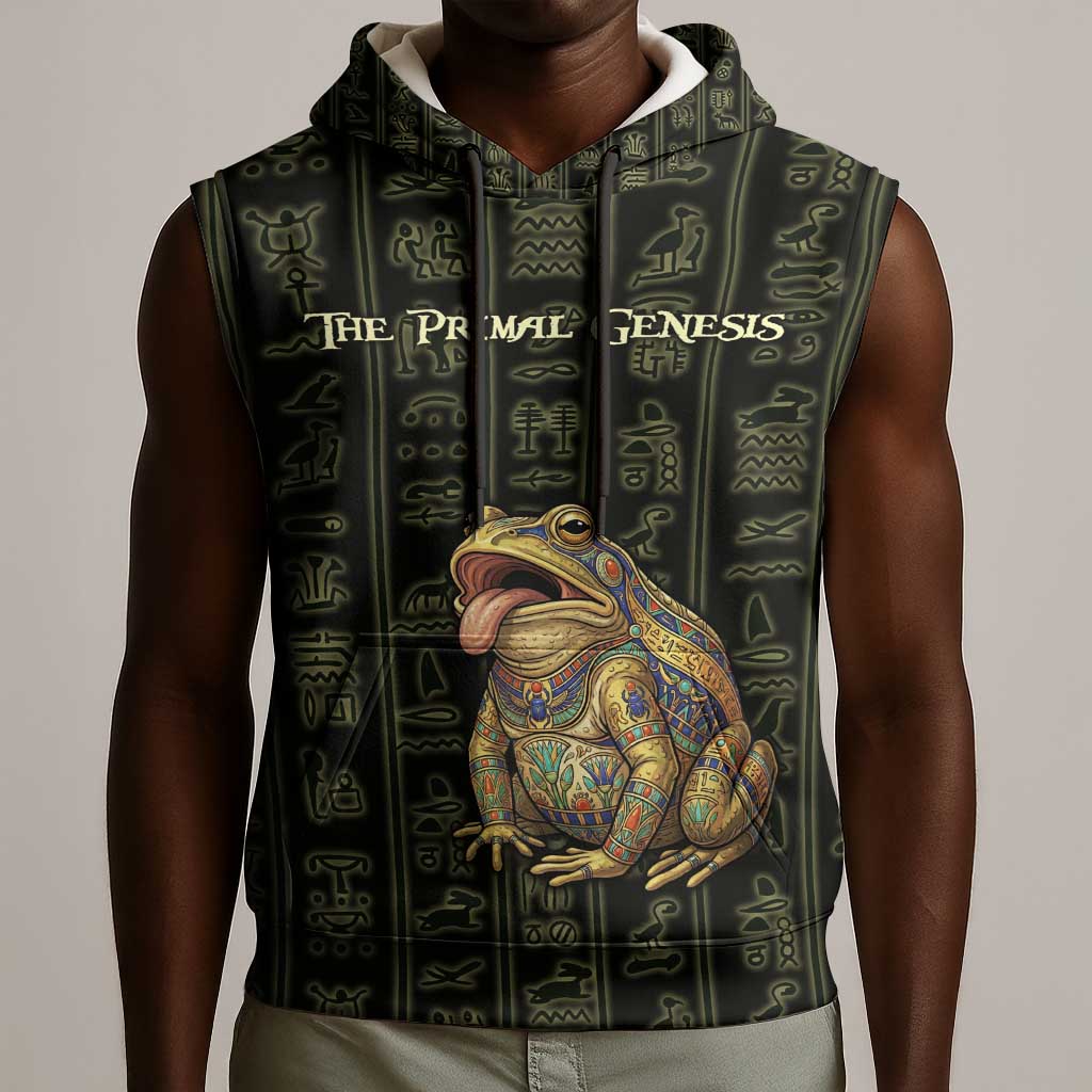 Heqet Ornate Frog Egyptian Sleeveless Hoodie with Hieroglyphic Backdrop in Creation Theme