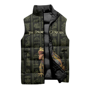 Heqet Ornate Frog Egyptian Sleeveless Puffer Jacket with Hieroglyphic Backdrop in Creation Theme