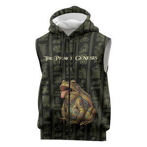 Heqet Ornate Frog Egyptian Sleeveless Zip Hoodie with Hieroglyphic Backdrop in Creation Theme