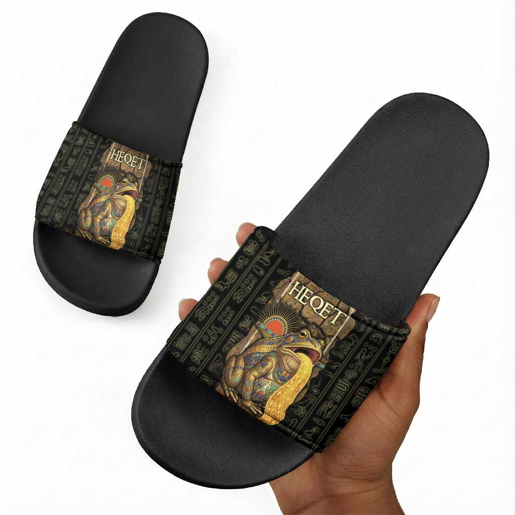 Heqet Ornate Frog Egyptian Slide Sandals with Hieroglyphic Backdrop in Creation Theme