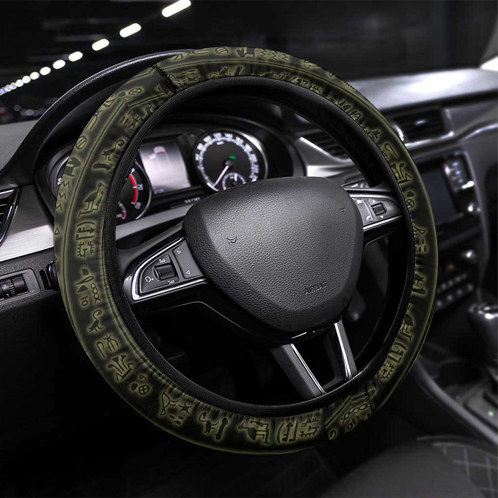 Heqet Ornate Frog Egyptian Steering Wheel Cover with Hieroglyphic Backdrop in Creation Theme