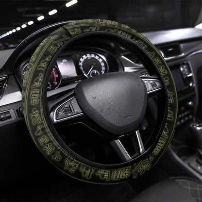 Heqet Ornate Frog Egyptian Steering Wheel Cover with Hieroglyphic Backdrop in Creation Theme