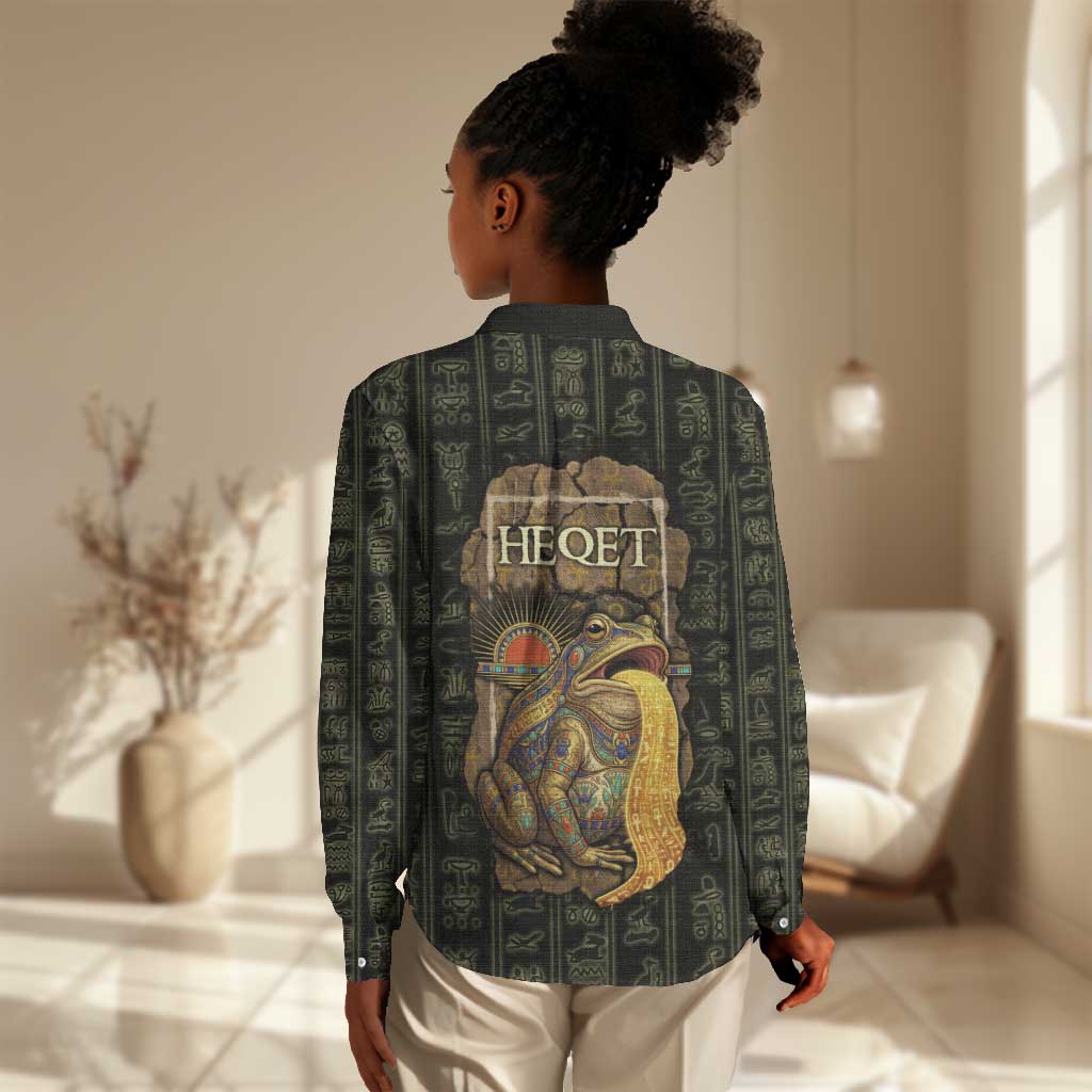Heqet Ornate Frog Egyptian Women Casual Shirt with Hieroglyphic Backdrop in Creation Theme