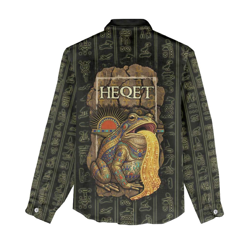 Heqet Ornate Frog Egyptian Women Casual Shirt with Hieroglyphic Backdrop in Creation Theme