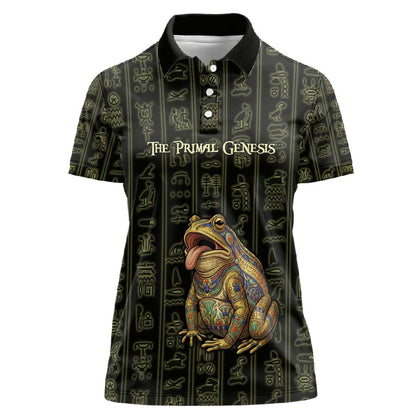 Heqet Ornate Frog Egyptian Women Polo Shirt with Hieroglyphic Backdrop in Creation Theme