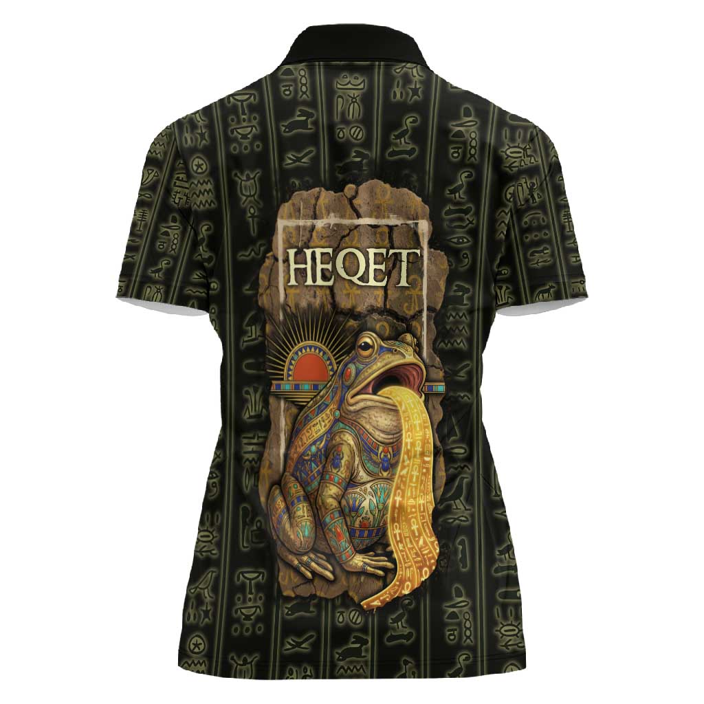 Heqet Ornate Frog Egyptian Women Polo Shirt with Hieroglyphic Backdrop in Creation Theme
