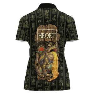 Heqet Ornate Frog Egyptian Women Polo Shirt with Hieroglyphic Backdrop in Creation Theme