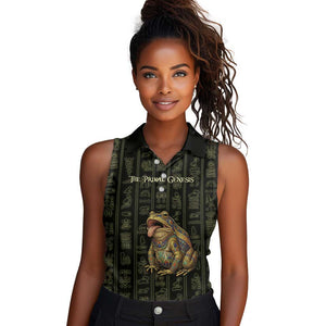 Heqet Ornate Frog Egyptian Women Sleeveless Polo Shirt with Hieroglyphic Backdrop in Creation Theme
