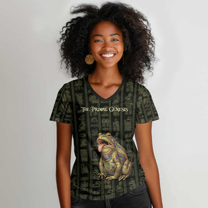 Heqet Ornate Frog Egyptian Women V-Neck T-Shirt with Hieroglyphic Backdrop in Creation Theme