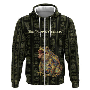 Heqet Ornate Frog Egyptian Zip Hoodie with Hieroglyphic Backdrop in Creation Theme