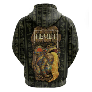 Heqet Ornate Frog Egyptian Zip Hoodie with Hieroglyphic Backdrop in Creation Theme