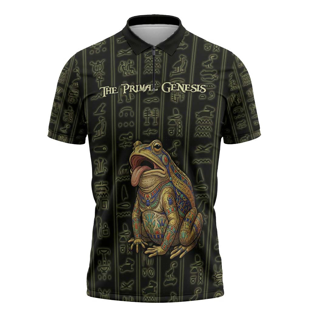 Heqet Ornate Frog Egyptian Zipper Polo Shirt with Hieroglyphic Backdrop in Creation Theme