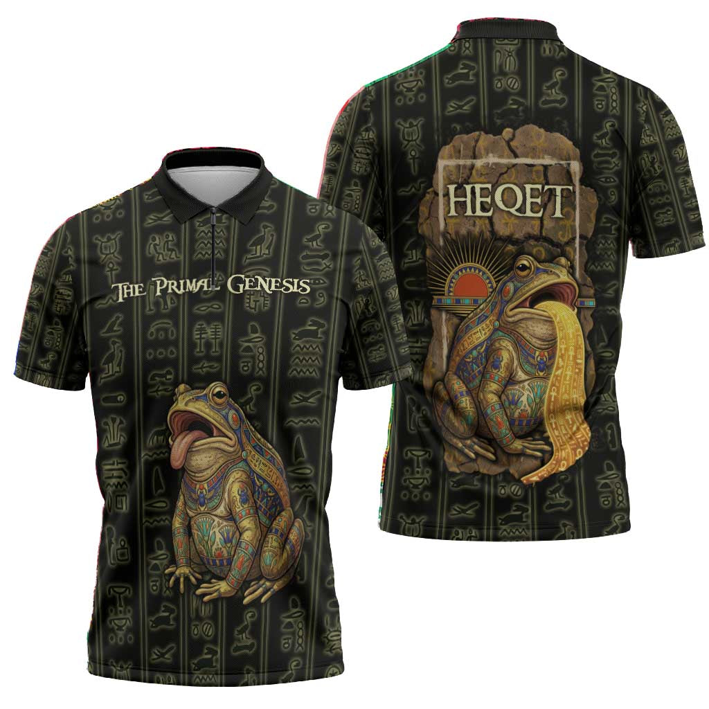 Heqet Ornate Frog Egyptian Zipper Polo Shirt with Hieroglyphic Backdrop in Creation Theme