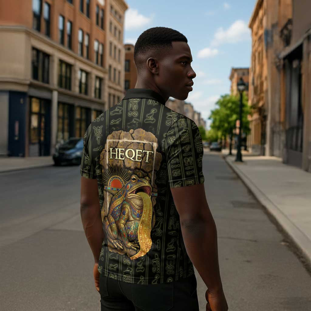 Heqet Ornate Frog Egyptian Zipper Polo Shirt with Hieroglyphic Backdrop in Creation Theme