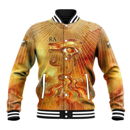 Ra Egyptian Baseball Jacket Sun God Eye of Ra Fiery Wings Eternal Source Golden Light