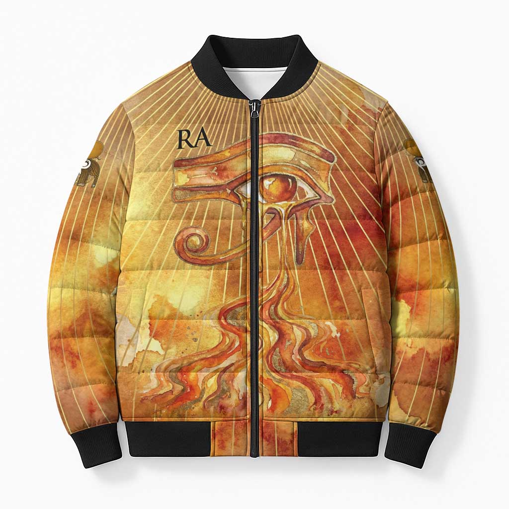 Ra Egyptian Bomber Puffer Jacket Sun God Eye of Ra Fiery Wings Eternal Source Golden Light