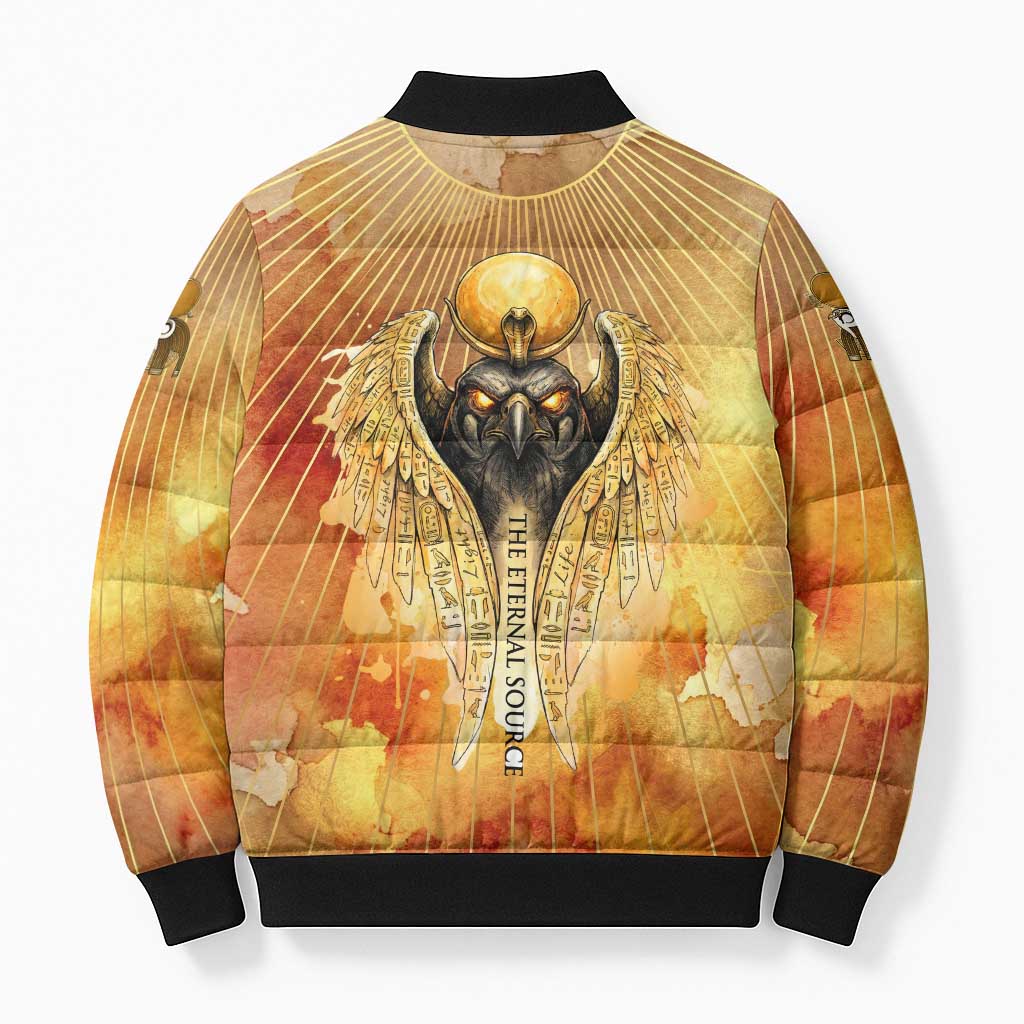 Ra Egyptian Bomber Puffer Jacket Sun God Eye of Ra Fiery Wings Eternal Source Golden Light