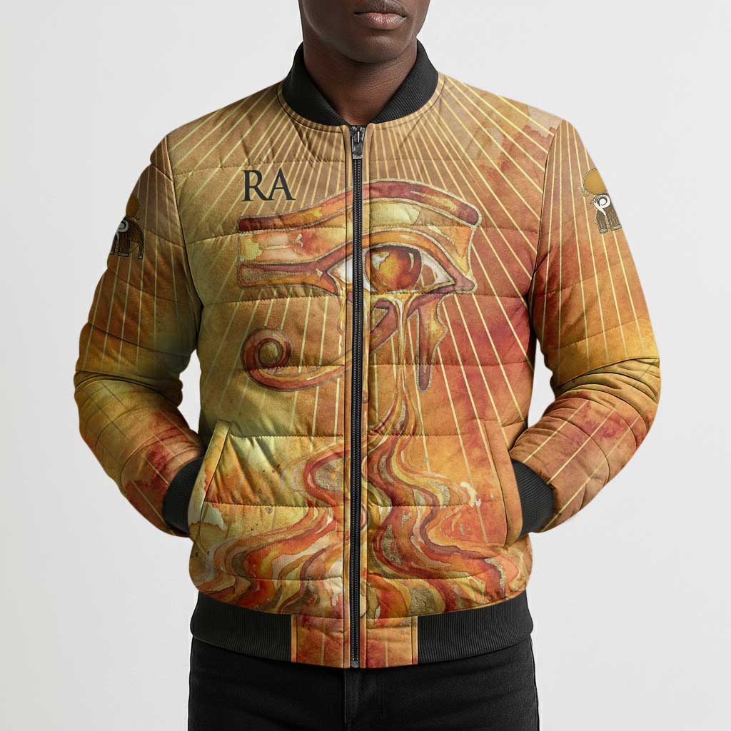 Ra Egyptian Bomber Puffer Jacket Sun God Eye of Ra Fiery Wings Eternal Source Golden Light
