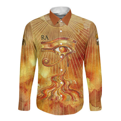 Ra Egyptian Long Sleeve Button Shirt Sun God Eye of Ra Fiery Wings Eternal Source Golden Light