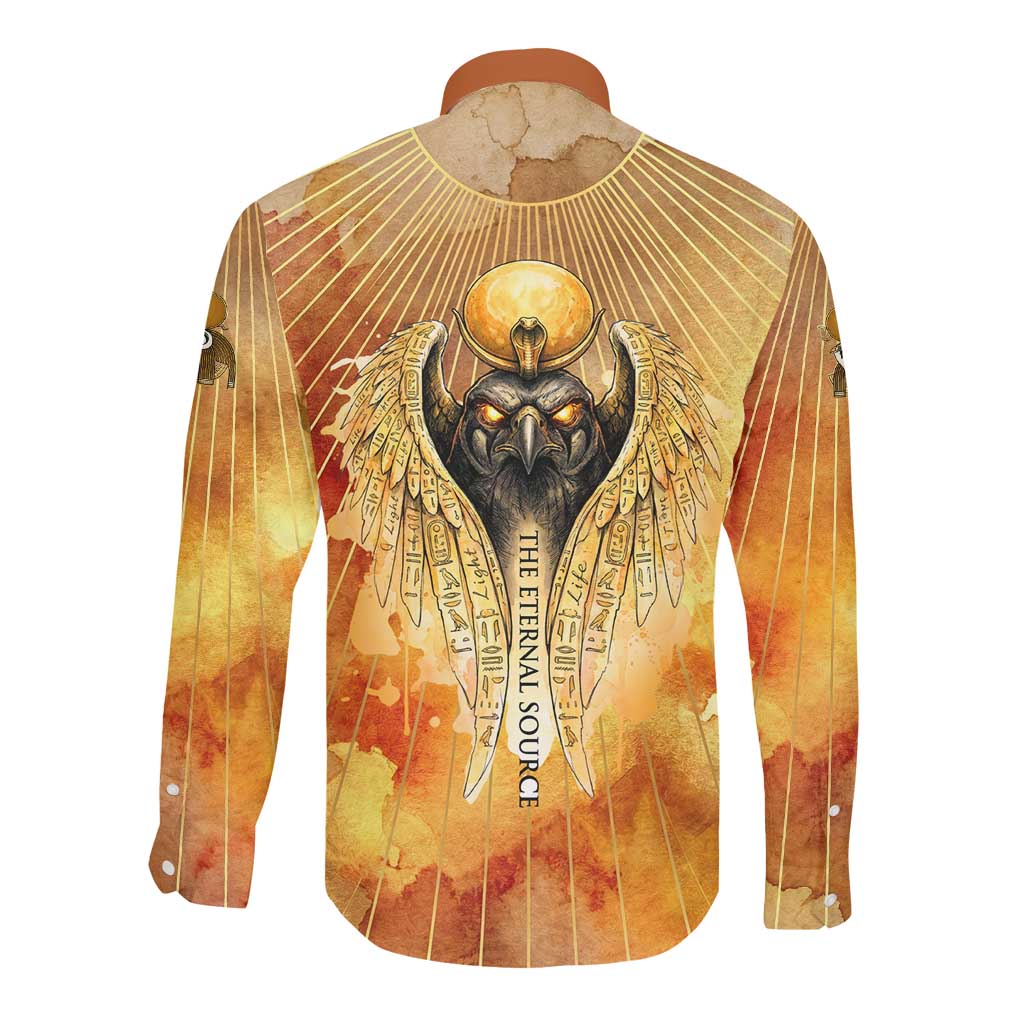 Ra Egyptian Long Sleeve Button Shirt Sun God Eye of Ra Fiery Wings Eternal Source Golden Light
