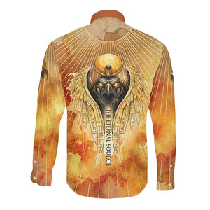 Ra Egyptian Long Sleeve Button Shirt Sun God Eye of Ra Fiery Wings Eternal Source Golden Light