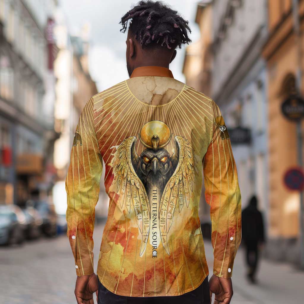 Ra Egyptian Long Sleeve Button Shirt Sun God Eye of Ra Fiery Wings Eternal Source Golden Light