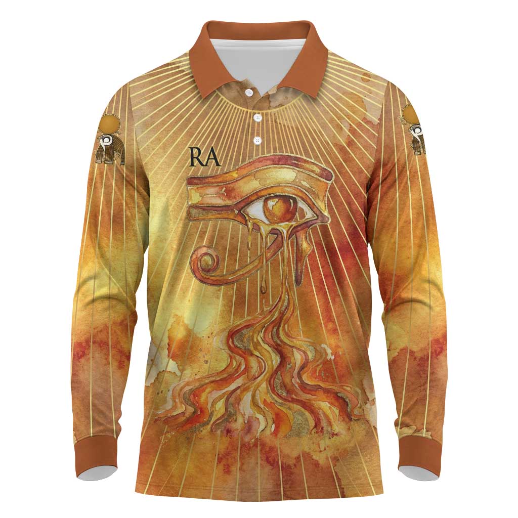 Ra Egyptian Long Sleeve Polo Shirt Sun God Eye of Ra Fiery Wings Eternal Source Golden Light
