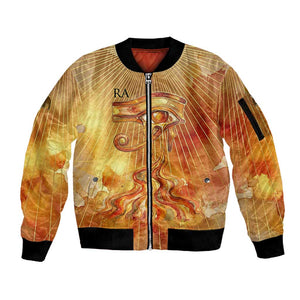 Ra Egyptian Sleeve Zip Bomber Jacket Sun God Eye of Ra Fiery Wings Eternal Source Golden Light