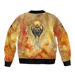 Ra Egyptian Sleeve Zip Bomber Jacket Sun God Eye of Ra Fiery Wings Eternal Source Golden Light