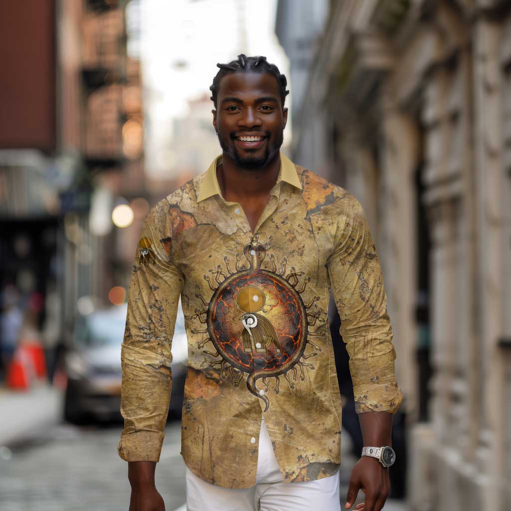 Ra Egyptian Long Sleeve Button Shirt Sun God Solar Disk Serpent Slayer Ancient Egyptian Boat of the Underworld