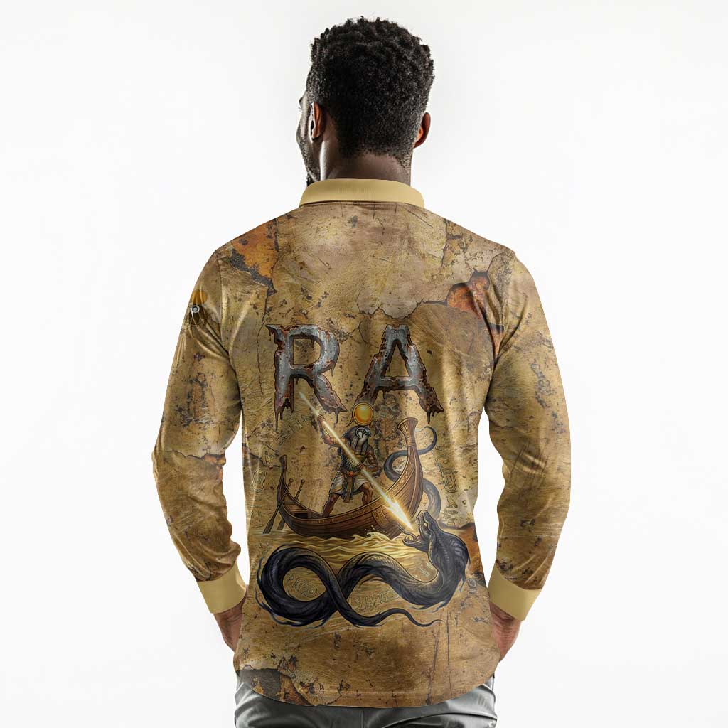 Ra Egyptian Long Sleeve Polo Shirt Sun God Solar Disk Serpent Slayer Ancient Egyptian Boat of the Underworld