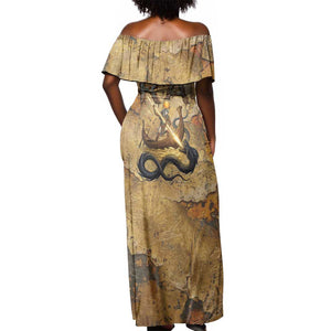 Ra Egyptian Off Shoulder Maxi Dress Sun God Solar Disk Serpent Slayer Ancient Egyptian Boat of the Underworld