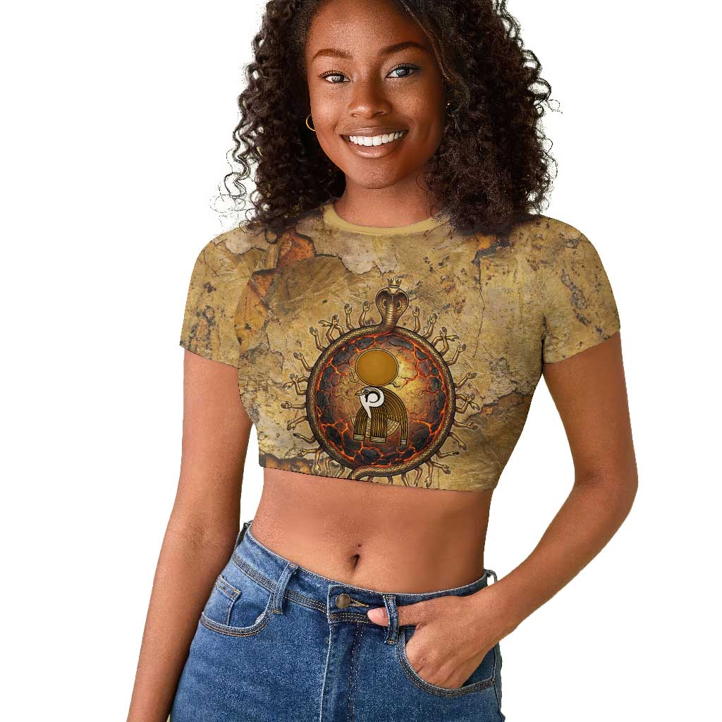 Ra Egyptian Raglan Cropped T shirt Sun God Solar Disk Serpent Slayer Ancient Egyptian Boat of the Underworld