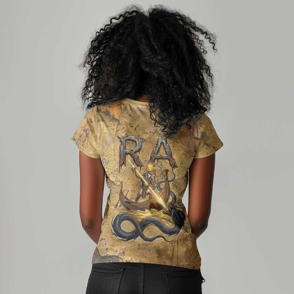 Ra Egyptian Women V-Neck T-Shirt Sun God Solar Disk Serpent Slayer Ancient Egyptian Boat of the Underworld
