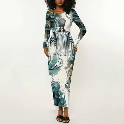 Anuket Egyptian Long Sleeve Bodycon Dress Goddess of the Nile Flowing Water Gazelle Spirit The Embracer