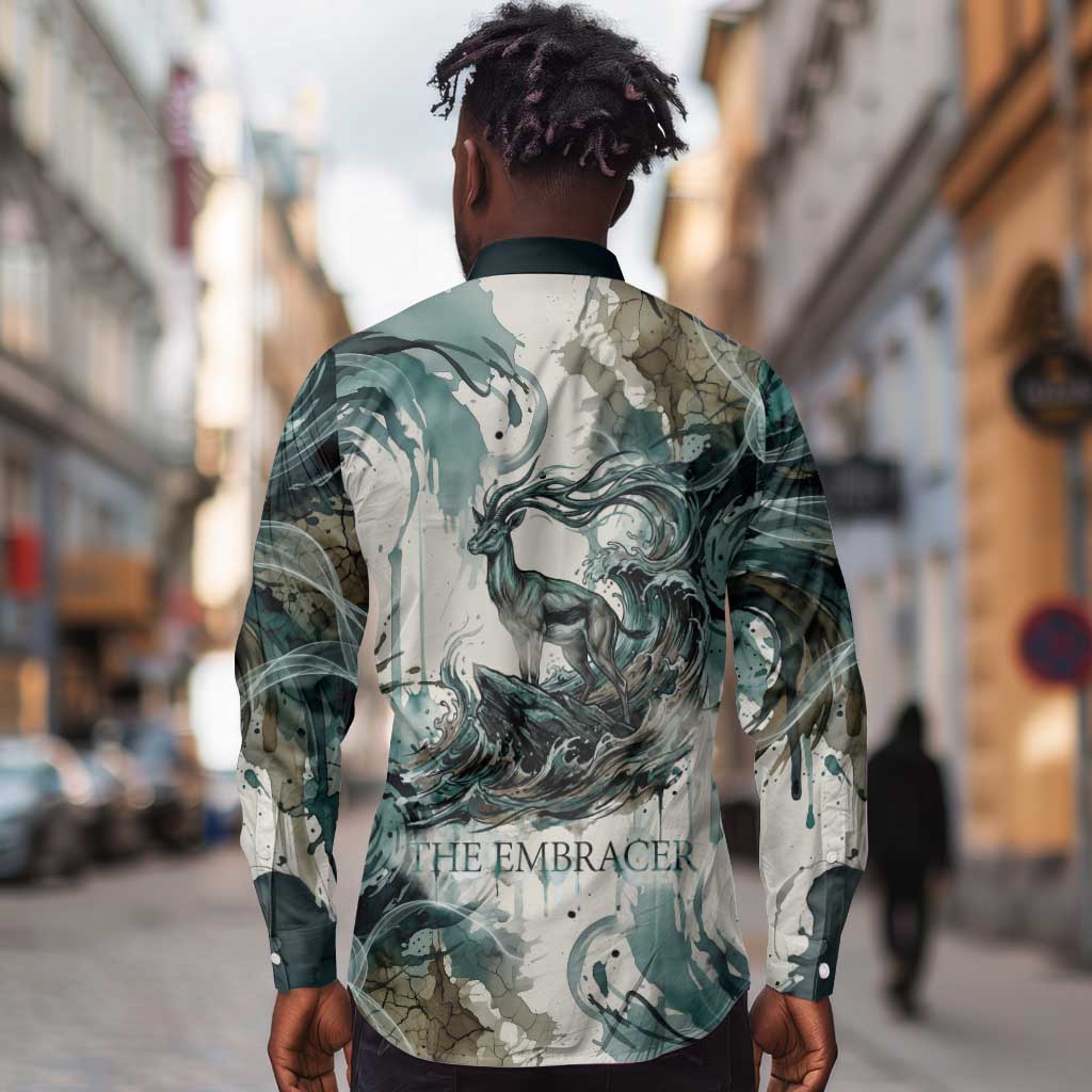Anuket Egyptian Long Sleeve Button Shirt Goddess of the Nile Flowing Water Gazelle Spirit The Embracer