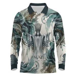 Anuket Egyptian Long Sleeve Polo Shirt Goddess of the Nile Flowing Water Gazelle Spirit The Embracer