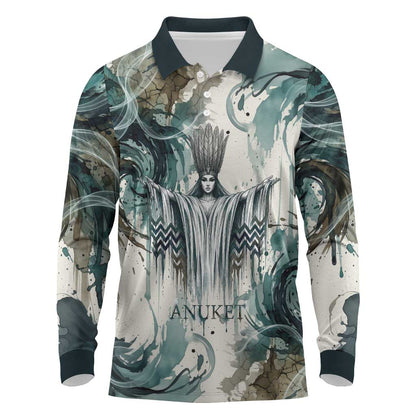 Anuket Egyptian Long Sleeve Polo Shirt Goddess of the Nile Flowing Water Gazelle Spirit The Embracer