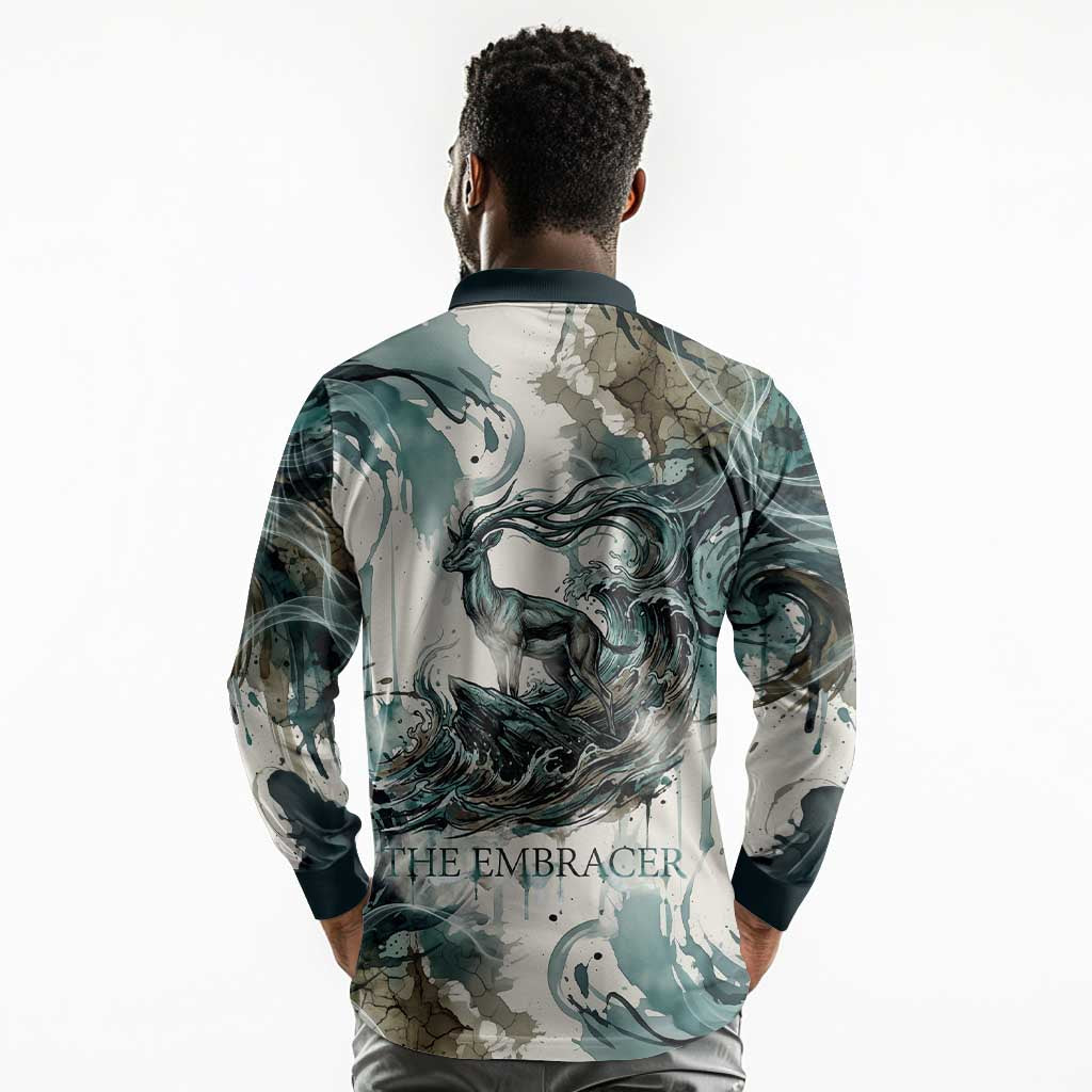 Anuket Egyptian Long Sleeve Polo Shirt Goddess of the Nile Flowing Water Gazelle Spirit The Embracer