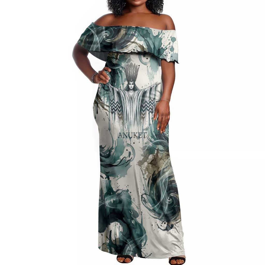 Anuket Egyptian Off Shoulder Maxi Dress Goddess of the Nile Flowing Water Gazelle Spirit The Embracer